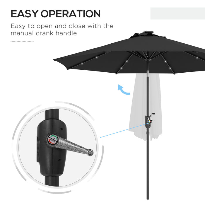 Outdoor Tilt Sun Umbrella with Solar-Powered LED Lights - Φ2.7m Garden Parasol, Hand Crank, 8 Ribs, Patio Sun Shade in Black - Ideal for Nighttime Entertainment & Daytime Relaxation