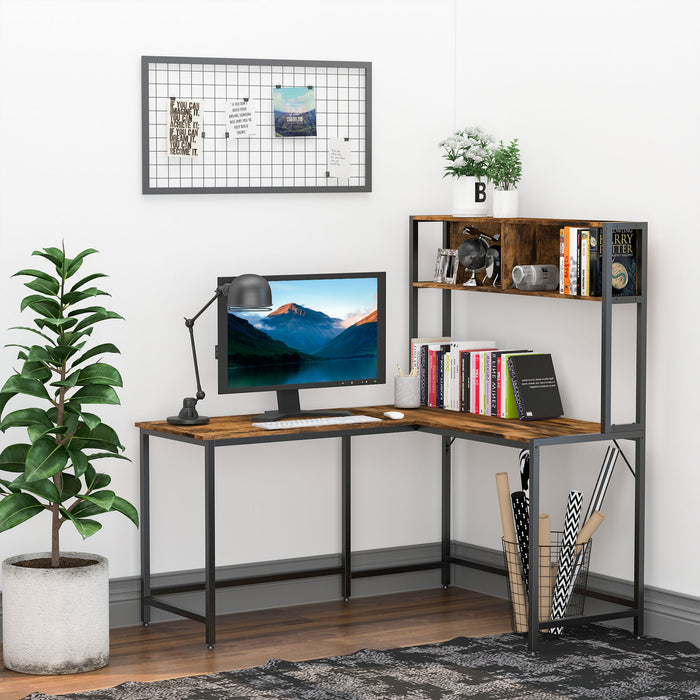 Industrial Corner Desk with Storage Shelves - L-Shaped Workstation with Steel Frame and Adjustable Feet - Home Office Study Furniture in Stylish Brown and Black