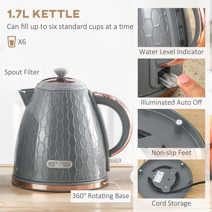 Fast Boil 1.7L 3000W Electric Kettle and 2-Slice Toaster Combo - Auto Shut-Off & Adjustable Browning Controls, Grey - Ideal for Efficient Kitchen Setup