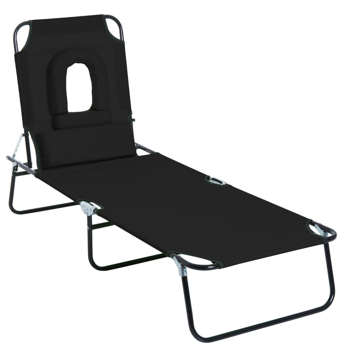 Foldable Sun Lounger with Pillow - Reclining Chair with Reading Hole for Beach and Garden - Adjustable Outdoor Recliner in Black for Relaxation and Sunbathing