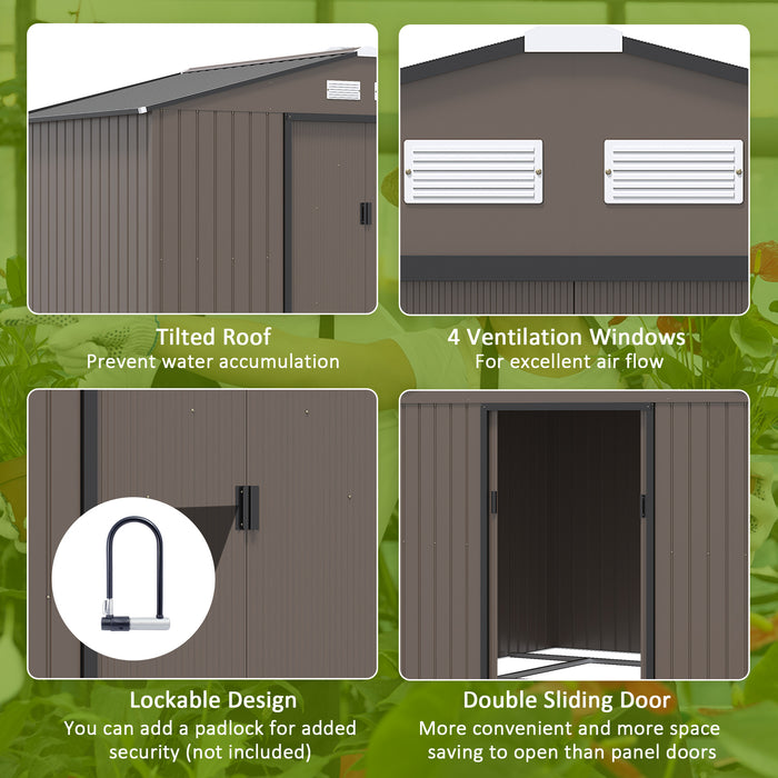 Outdoor Metal Storage Shed - 9 x 6FT with Foundation, Ventilation, and Double Doors - Spacious Brown Garden Solution for Tools and Equipment