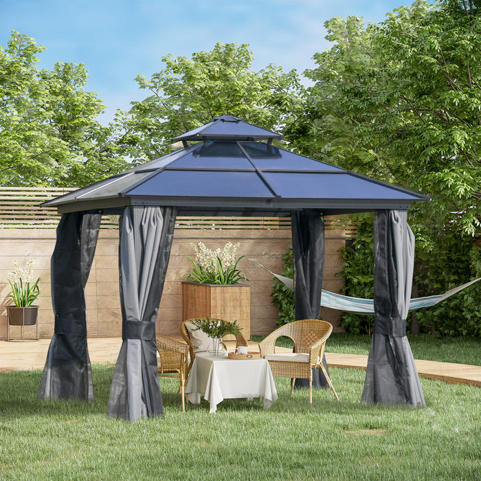 Polycarbonate Hardtop Gazebo Canopy 3x3m - Double-Tier Roof, Aluminium Frame, Garden Pavilion - Includes Mosquito Netting and Curtains for Outdoor Relaxation