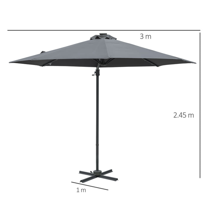 Outdoor Patio Sun Umbrella - 3m Grey Canopy with Crank, Tilt, LED Solar Lighting & Cross Base - 360° Rotation for Backyard Comfort and Entertaining