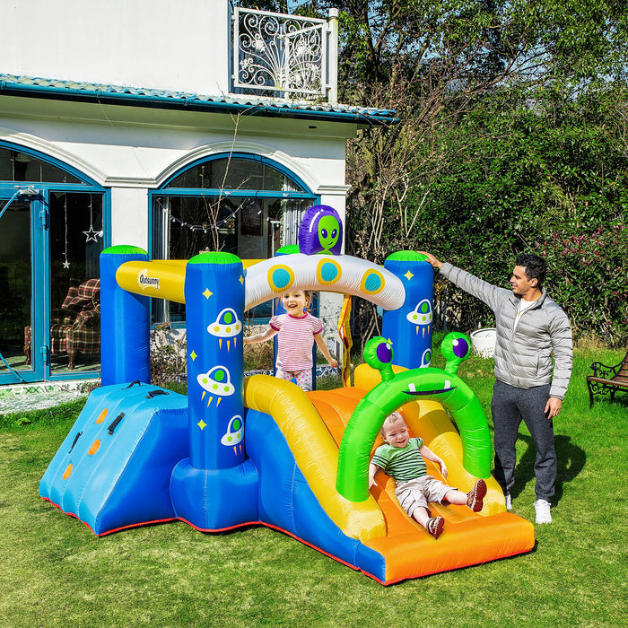 Large Alien-Style 4-in-1 Bounce Castle - Inflatable House with Slide, Trampoline, Climbing Wall, and Basketball Hoop - Outdoor Fun for Kids Ages 3-8