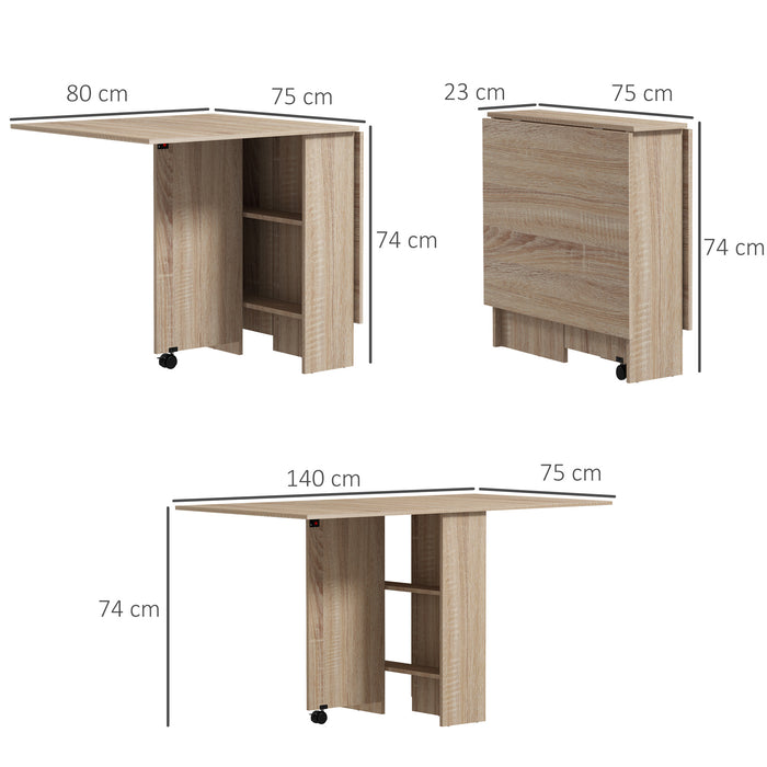 Compact Foldable Dining Table - Space-Saving Drop-Leaf Design with 2-Tier Storage Shelves and Rolling Casters - Ideal for Small Kitchens and Apartments