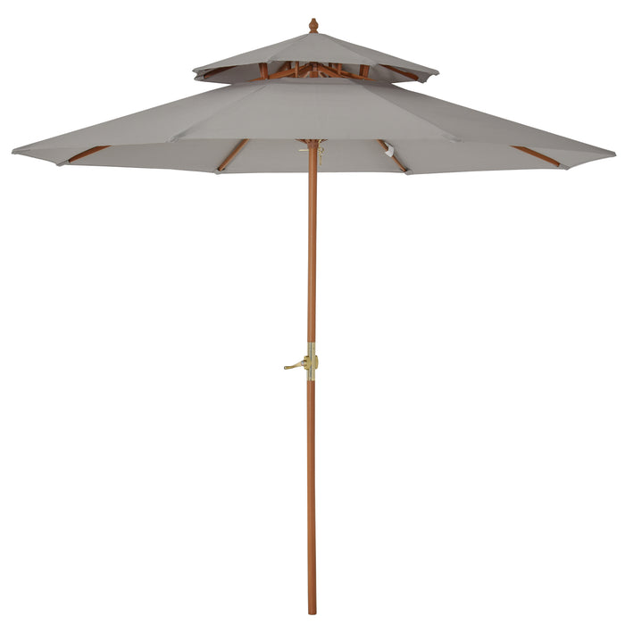 Double Tier 2.7m Garden Sun Umbrella - Outdoor Patio Wooden Parasol with Grey Canopy - Sunshade for Comfort and UV Protection