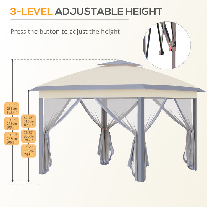 11' x 11' Beige Pop Up Canopy Tent with Double Roof Design - Foldable Structure, Mesh Sidewalls with Zippers, Height Adjustable, Includes Carrying Bag - Perfect for Outdoor Events and Gatherings