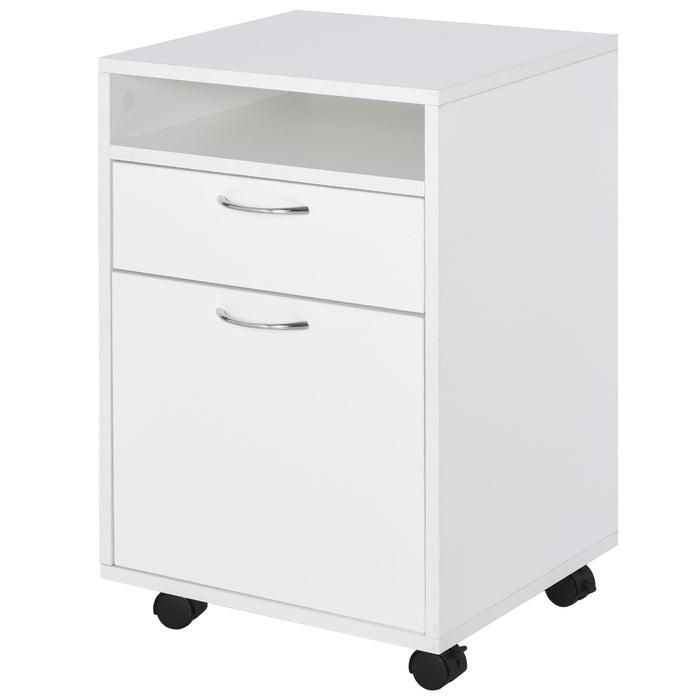 Mobile Office Storage Cabinet with Drawer - 60cm White Unit with Open Shelf & Metal Handles - Home Organiser on 4 Wheels for Office Supplies & Printer