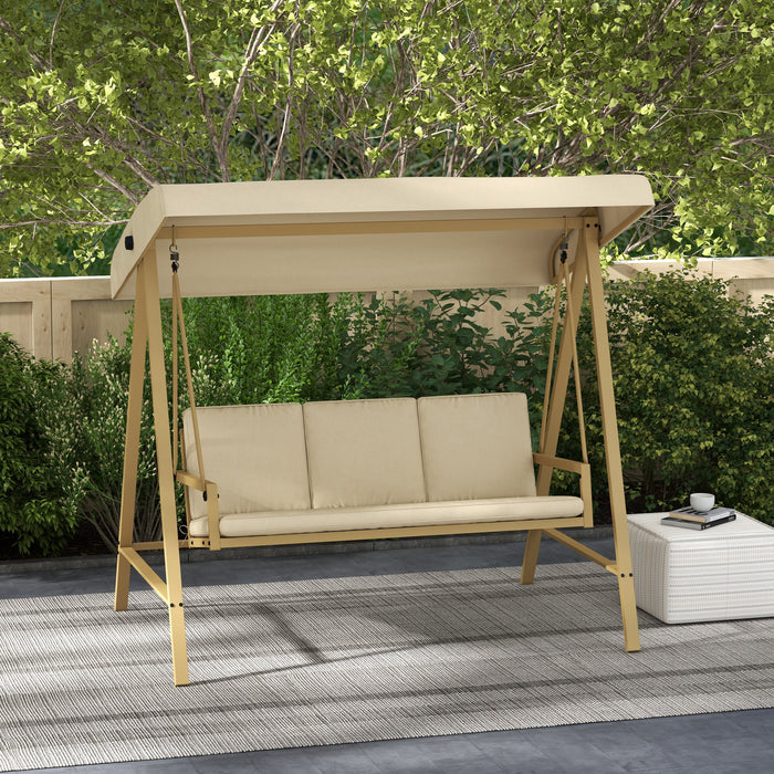 Outdoor Beige 3-Seater Swing Chair with Adjustable Canopy - Garden Hammock Bench with Removable Cushions & Sturdy Steel Frame - Ideal for Patio Relaxation and Comfort