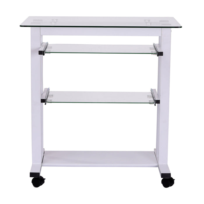 Mobile Glass Computer Desk - Wheeled Laptop Workstation with Sleek White Finish - Ideal for Home Office and Small Spaces