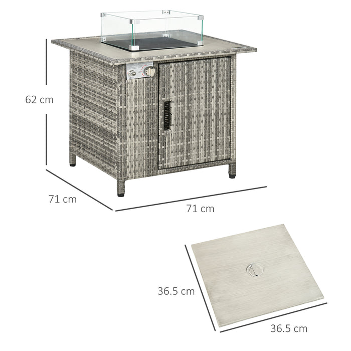 Outdoor Gas Fire Pit Table with PE Rattan Design - 50,000 BTU Propane Heater, Patio Square with Rain Cover, Glass Windscreen & Lava Stone, Grey - Ideal for Cozy Evenings & Entertaining Guests