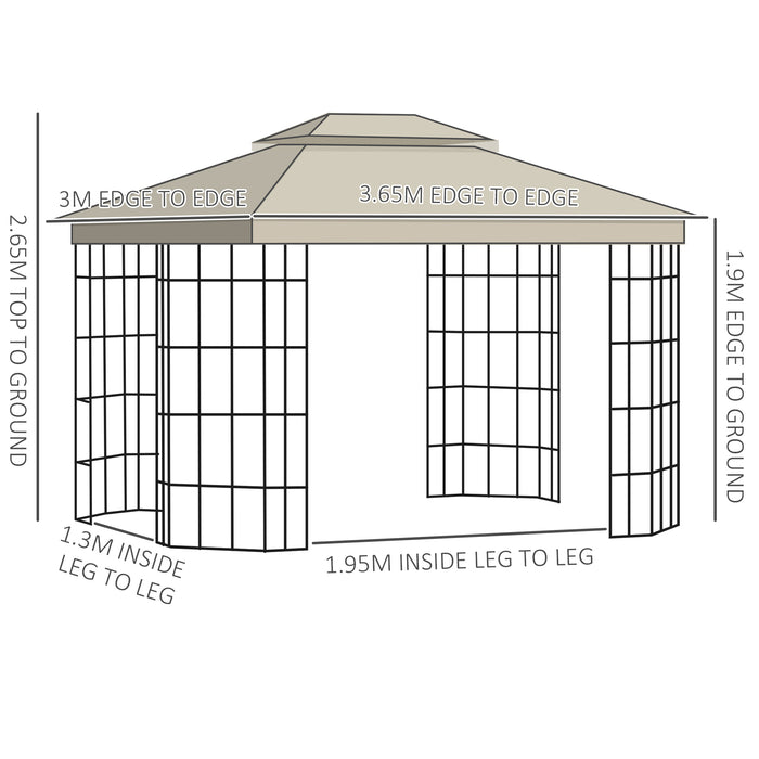 Patio Gazebo Canopy 3.7 x 3m - Outdoor Garden Tent with Double Tier Roof & Mosquito Netting, Sturdy Metal Frame in Beige - Ideal for Backyard Shade and Bug Protection