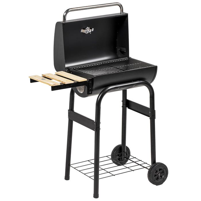 Outdoor Charcoal BBQ Grill on Wheels with Side Shelves - Sturdy Mobile Barbecue Trolley in Black - Ideal for Patio Cooking and Entertainment