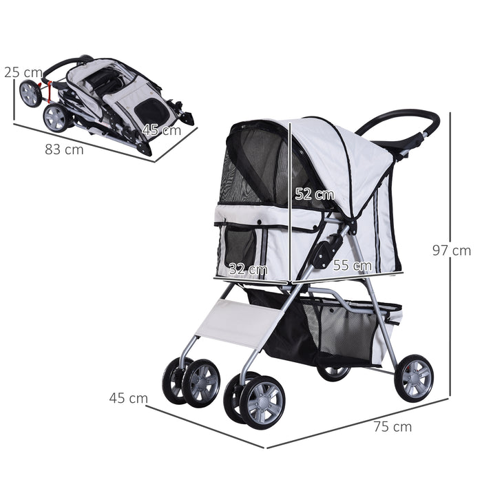 Foldable Pet Stroller with Zipper Entry - Dog Pushchair, Cup Holder & Storage Basket, Smooth-rolling Wheels - Travel-Friendly Carriage for Small to Medium Dogs, Grey Color