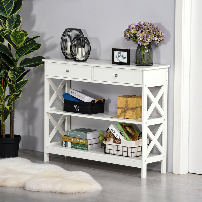 Console Side Desk with Storage - Modern White Console Table with Shelves, Drawers, and Open Top X Frame - Stylish Organizer for Living Room, Hallway, Home Office