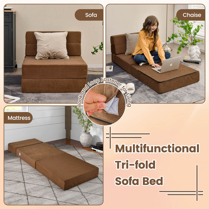 Tri-Folding Convertible Sofa Bed - Brown Floor Couch, Space Saving Design - Ideal for Small Apartments, Teens Room, and Guest Rooms