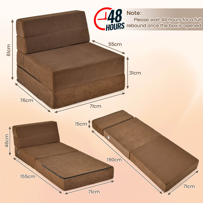 Tri-Folding Convertible Sofa Bed - Brown Floor Couch, Space Saving Design - Ideal for Small Apartments, Teens Room, and Guest Rooms