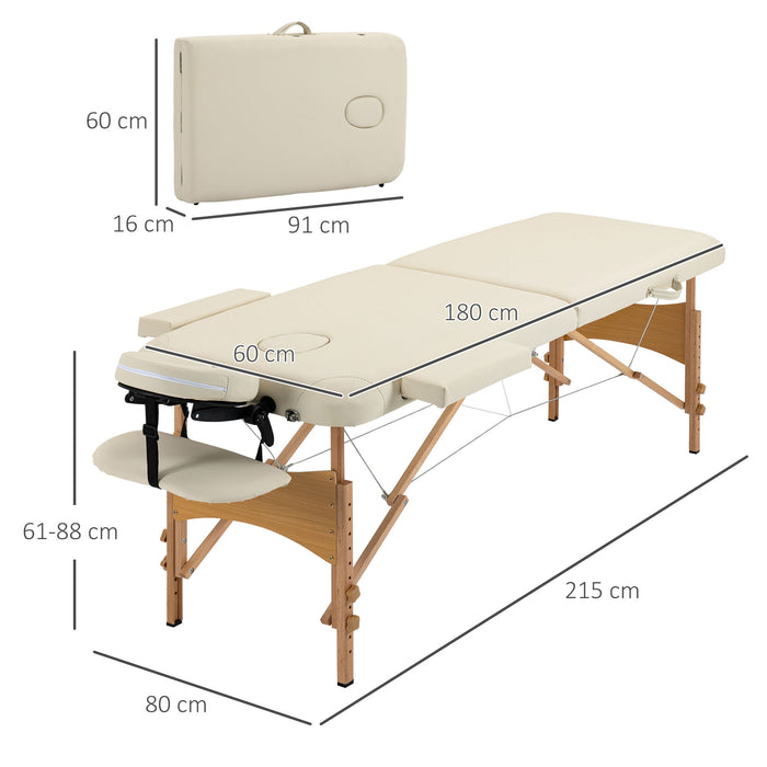 Portable 2-Section Massage Table - Folding Spa and Beauty Bed with Carry Bag, Wooden Frame in Cream Finish - Ideal for Therapists, Salons, and Home Use