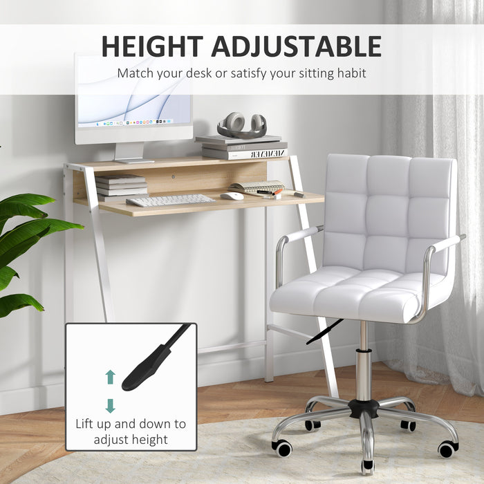 Elegant White Home Office Suite - Swivel Wheeled Faux Leather Chair & Storage Shelf Study Desk - Ideal for Remote Working and Comfortable Studying