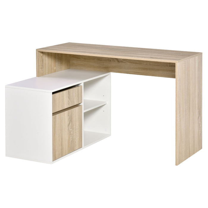 L-Shaped Corner Computer Desk - Oak and White Study Table with Storage Shelf and Drawer - Ideal for Home Office Workstations