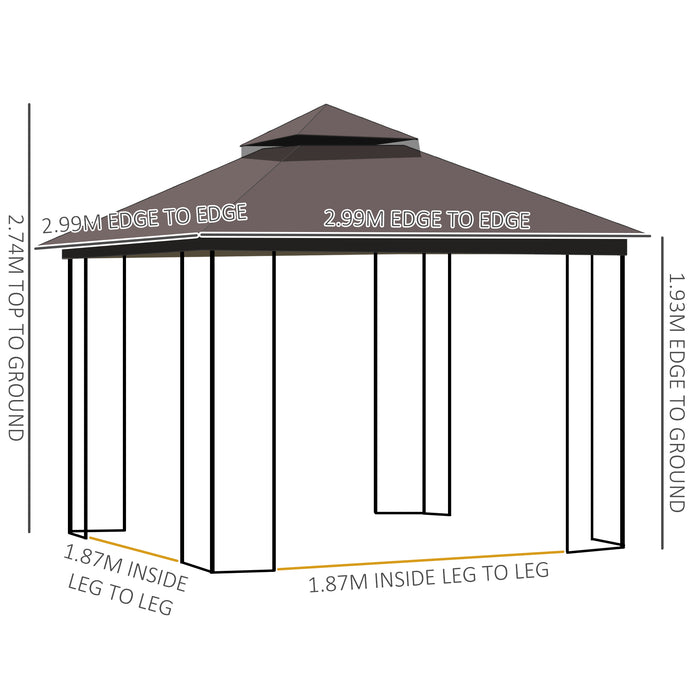 Double Tier Roof Gazebo - Outdoor Garden Canopy with Removable Mesh Curtains and Display Shelves - Ideal for Entertaining and Relaxation in Coffee Color