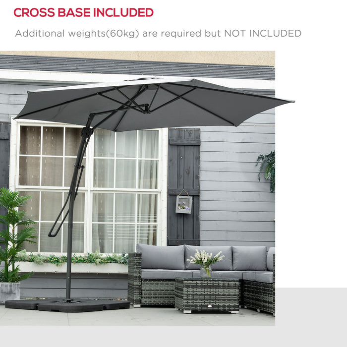 3M Cantilever Parasol with Crank Handle - Sturdy Outdoor Patio Umbrella, 6 Metal Ribs, Cross Base Design - Easy Lever Sun Shade for Gardens, Grey