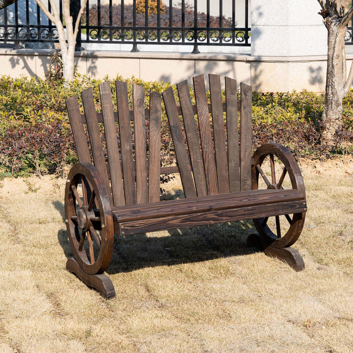 Outdoor Adirondack Wooden Love Chair - 2-Seater Garden Bench with Wheel-Shaped Armrests in Carbonized Color - Ideal for Couples and Cozy Spaces