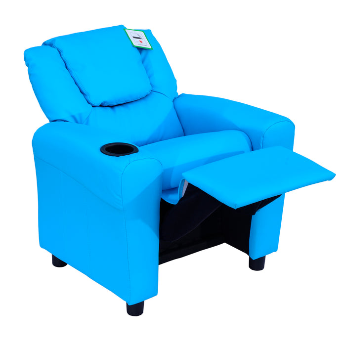 Kids' Comfy Recliner Chair with Built-in Cup Holder - Plush Blue Seating for Children - Perfect for Relaxing and Reading