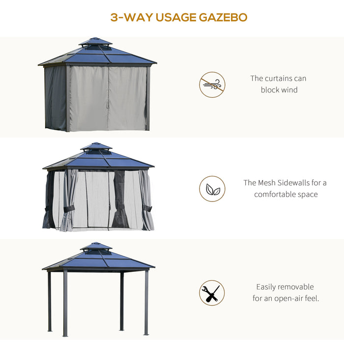 Polycarbonate Hardtop Gazebo Canopy 3x3m - Double-Tier Roof, Aluminium Frame, Garden Pavilion - Includes Mosquito Netting and Curtains for Outdoor Relaxation