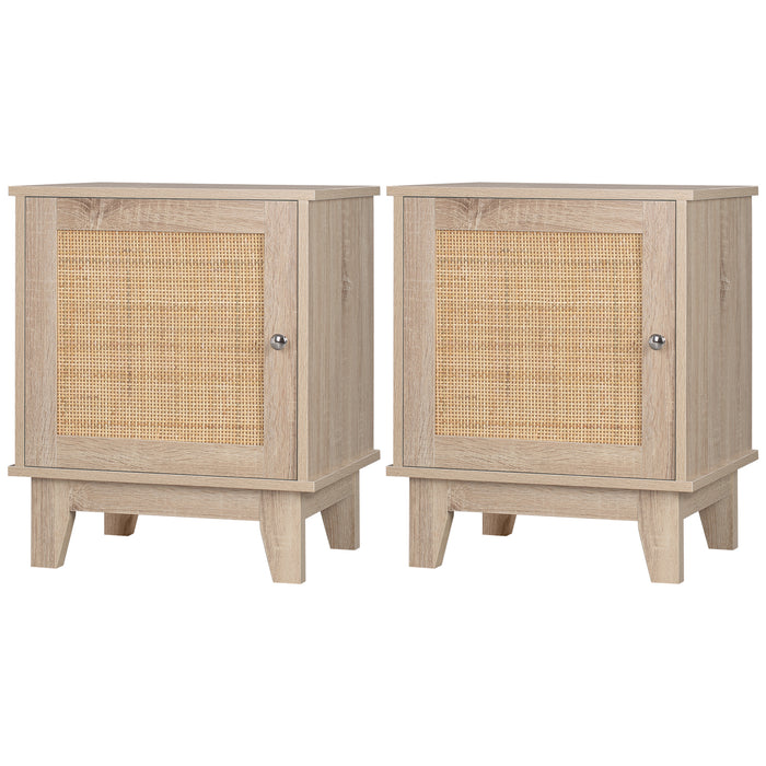 Bedside Cabinet Set with Rattan Accents - Storage Cupboard & Side End Table for Bedroom and Living Room - Elegant Home Furniture Solution for Couples