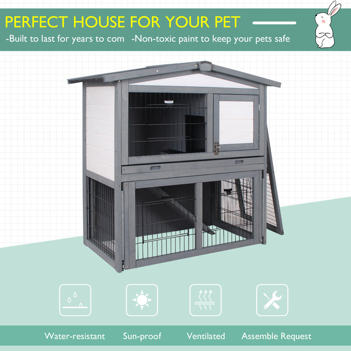 2-Tier Fur Wood Rabbit Hutch - Weatherproof Outdoor Pet Shelter in Grey - Ideal for Bunny Safety and Comfort