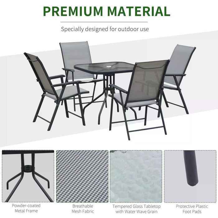 Classic 5-Piece Patio Ensemble - Foldable Steel Chairs & Glass-Top Table with Texteline Comfort - Outdoor Dining Set with Parasol Hole for Garden Spaces