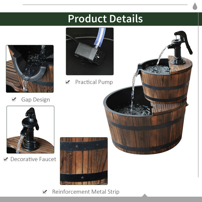 Rustic Barrel-Designed Water Fountain - Wooden 2-Tier Cascading Water Pump Feature for Gardens and Decks - Outdoor Relaxation and Ambient Decor