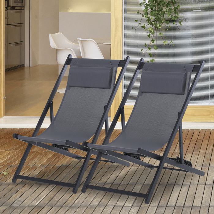 Folding Garden Beach Deck Chair Duo - Grey Patio Loungers with Seaside Appeal - Ideal for Outdoor Relaxation and Sunbathing