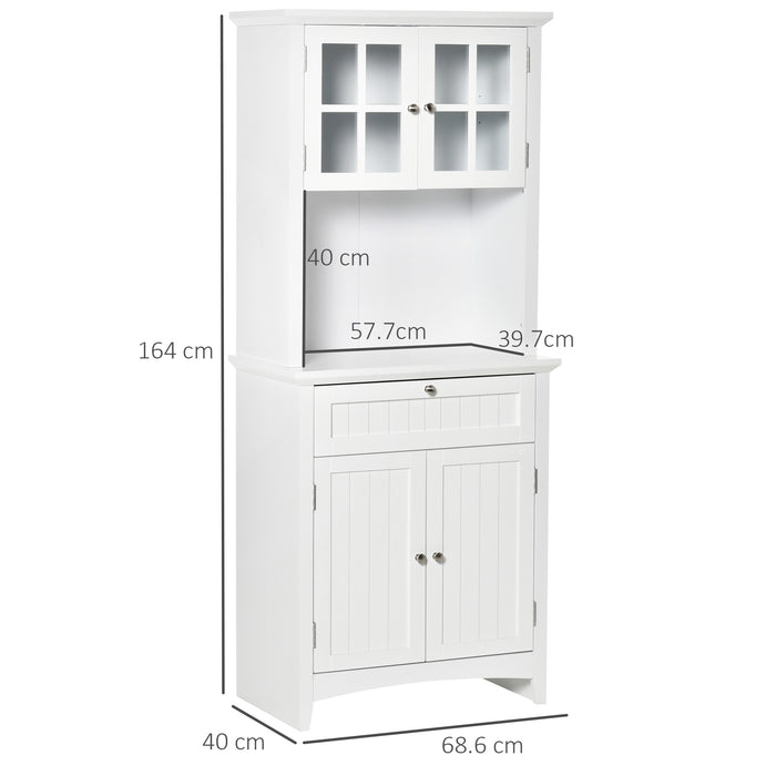 Buffet and Hutch Storage Unit - Elegant White Wooden Cupboard with Glass Door and Drawer for Kitchen Organization - Ideal for Dining and Living Room Essentials Display, 68.6W x 40D x 164Hcm