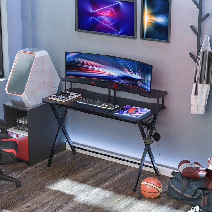 Gaming Racing Desk with Curved Front - Sturdy Workstation with Headphone Hook and Adjustable Feet - Ideal for Gamers and Home Office Setup