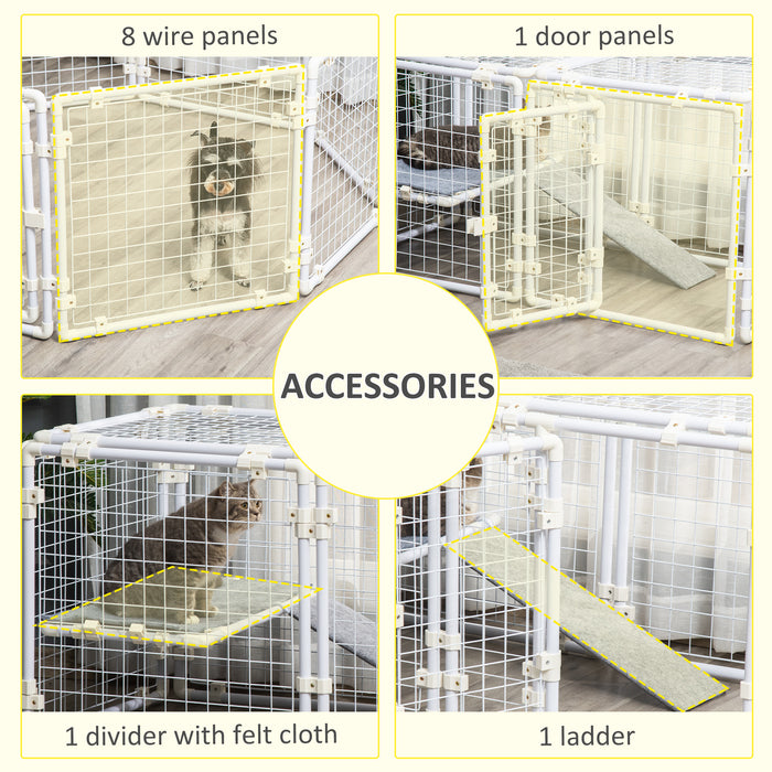 Large Bunny & Guinea Pig Hutch - 9-Piece DIY Rabbit Cage with Door, Ladder & Divider - Ideal for Small Animal Pet Homes and Habitats