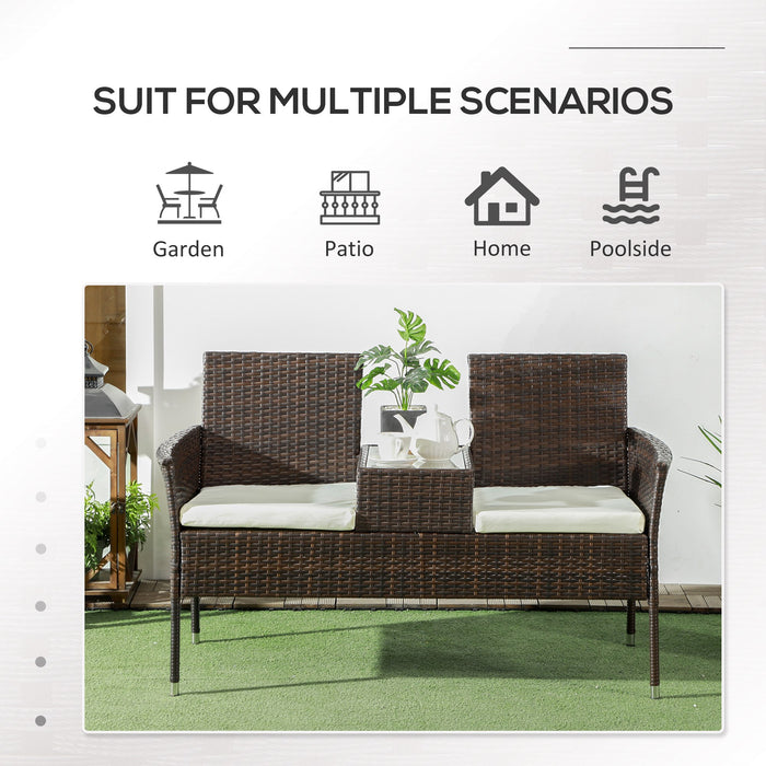 Rattan Double Seater Chair with Integrated Center Table - Stylish Brown Outdoor Furniture for Couples and Small Patios