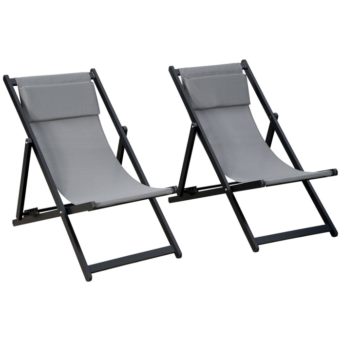 Aluminium Frame Deck Chairs, Set of 2 - Folding Patio Loungers for Beach & Garden in Grey - Ideal for Outdoor Relaxation and Sunbathing