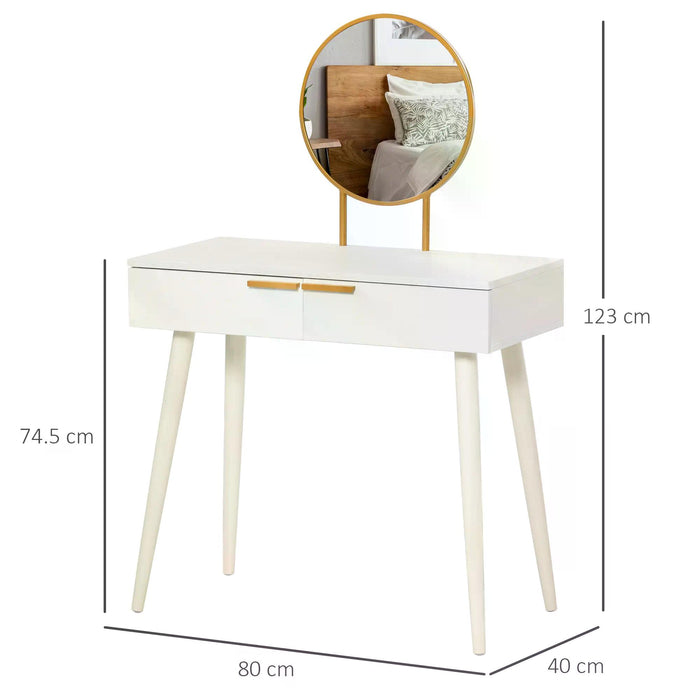 Modern Makeup Vanity Set - Round Mirror Dressing Table with Dual Drawers - Elegant Bedroom & Living Room Furniture in White