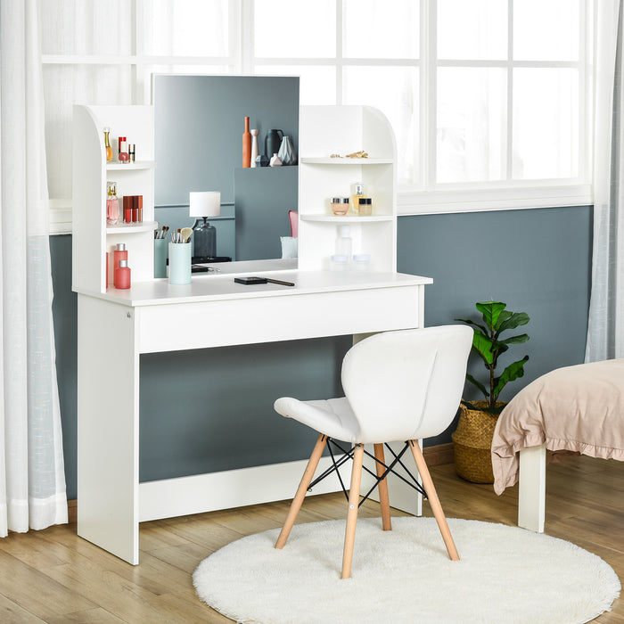 Modern Vanity Workstation - Dressing Table with Large Mirror & Spacious Drawers plus 2-Tier Open Shelf - Ideal for Bedroom Organization & Beauty Routine