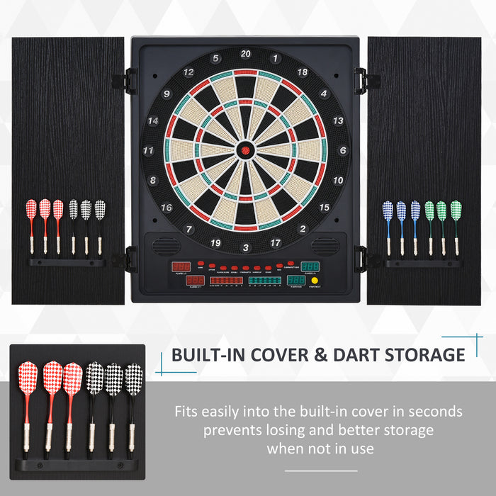 Electronic Dartboard with LED Scoreboard - Includes 12 Darts, 30 Heads, and Side Storage Cabinet - Classic Family Game for Home Entertainment in Black & White