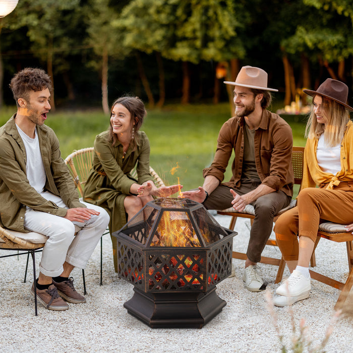 Portable Bronze Wood-Burning Firebowl - Outdoor Fire Pit with Protective Screen Cover and Poker - Ideal for Patio and Backyard Entertaining