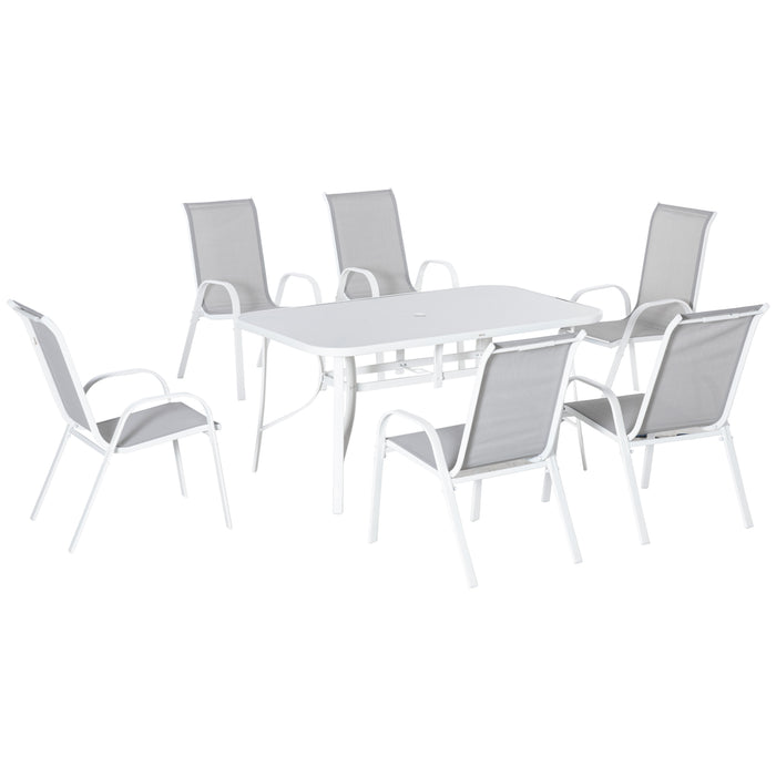 7-Piece Outdoor Dining Set with Umbrella Hole - Patio Table and 6 Chairs, Weather-Resistant, Grey - Ideal for Backyard, Deck, and Balcony Entertaining