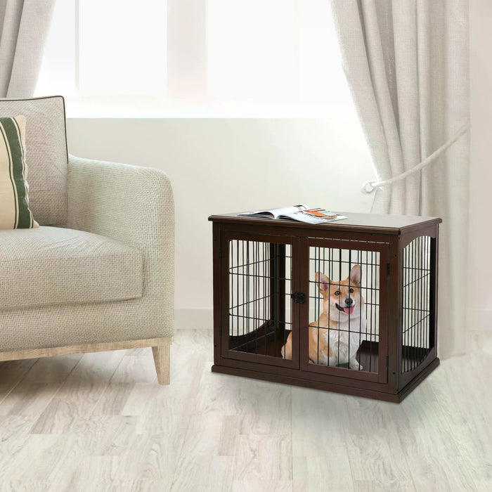 Modern Indoor 66cm Pet Cage - Metal Wire 3-Door Small Animal House with Secure Latches and Decorative Base - Stylish Brown Tabletop Crate for Small Pets