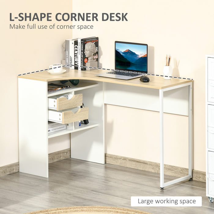 L-Shaped Corner Desk with Storage - Computer Study Table with Smooth Slide Drawer & Shelf - Ideal for Home Office and Space Saving in Light Brown