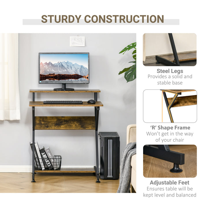 Compact R-Shaped Computer Desk - Home Office Table with Monitor Shelf and Storage, Ideal for Study and Gaming - Space-Saving Design for Small Spaces, 70cm, Brown