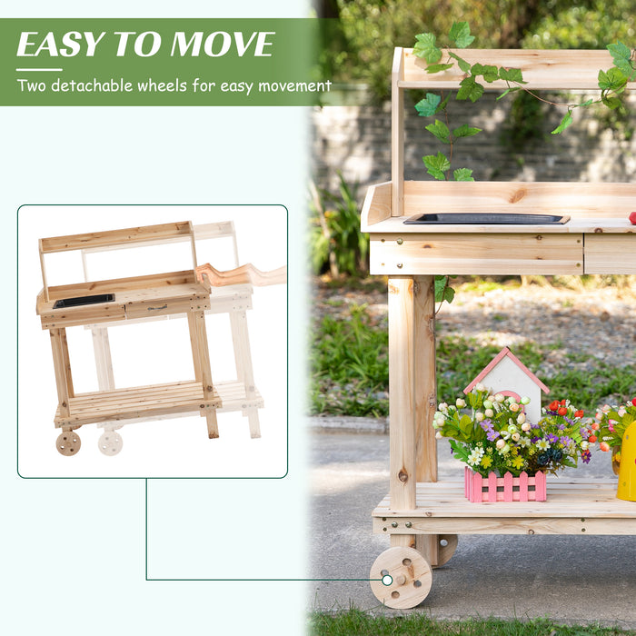 Outdoor Garden Potting Bench - Wooden Work Station with Wheels, Sink, Drawer & Ample Storage - Ideal for Gardeners & Planting Enthusiasts