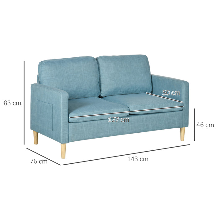 Modern Fabric 2-Seater Loveseat - Elegant 143cm Sofa with Wooden Legs and Storage Pockets - Ideal for Living Room, Bedroom, or Home Office in Stylish Blue