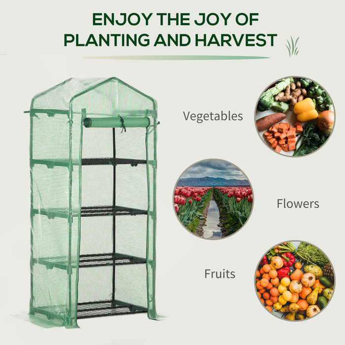 4 Tier Mini Greenhouse - Compact Portable Structure with PE Cover & Steel Frame, Roll-up Door - Ideal for Limited Space Gardening and Plant Protection